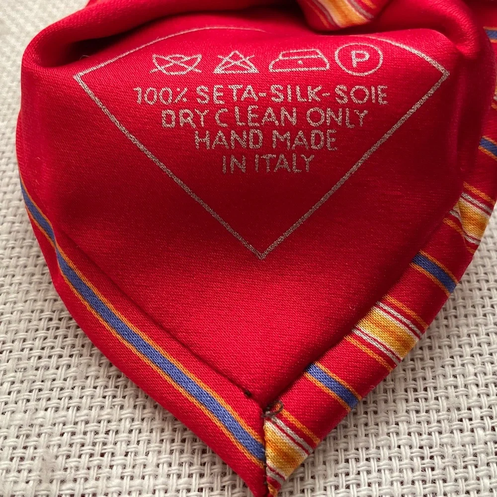 Brioni Silk Tie Striped Red/Yellow/Blue Handmade in Italy NWOT